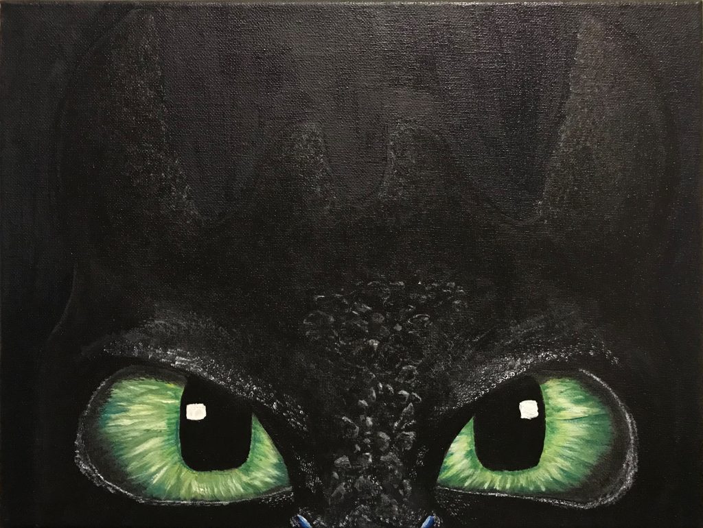painting of toothless from how to train your dragon, acrylic on canvas, © artwork by nykole mardones
